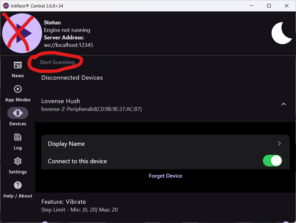 Intiface Central main screen