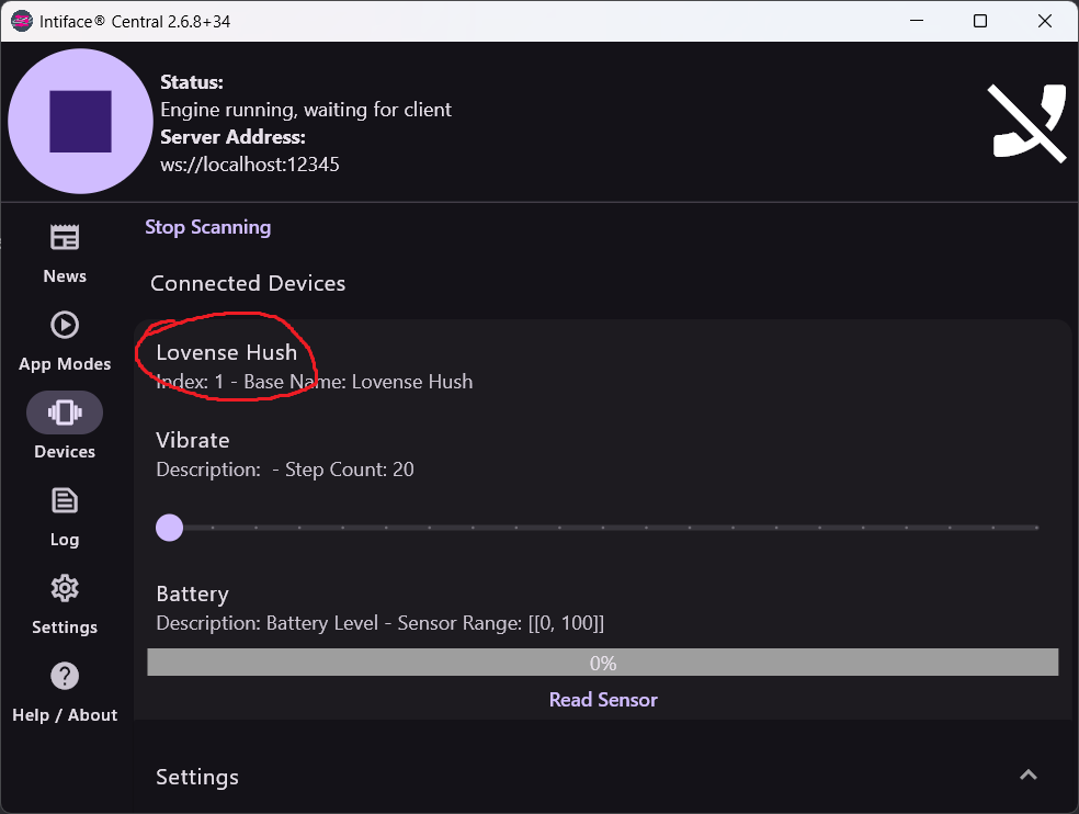 Intiface device connected