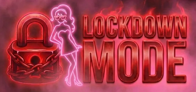 Lockdown Mode hero with locked padlock and neon LOCKDOWN MODE text