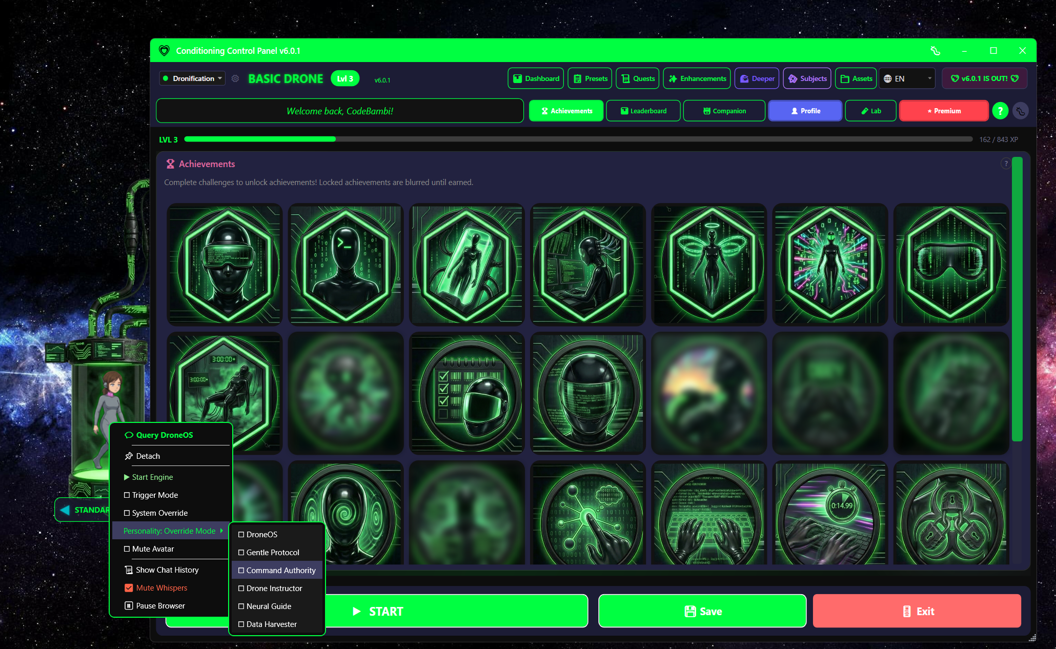 Right-click context menu on the avatar showing Detach, Start Engine, Trigger Mode, Show Chat History, System Override