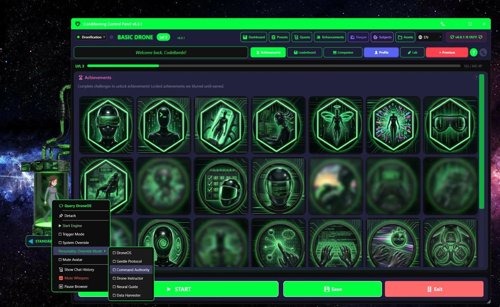 Right-click context menu on the avatar showing Detach, Start Engine, Trigger Mode, Show Chat History, System Override