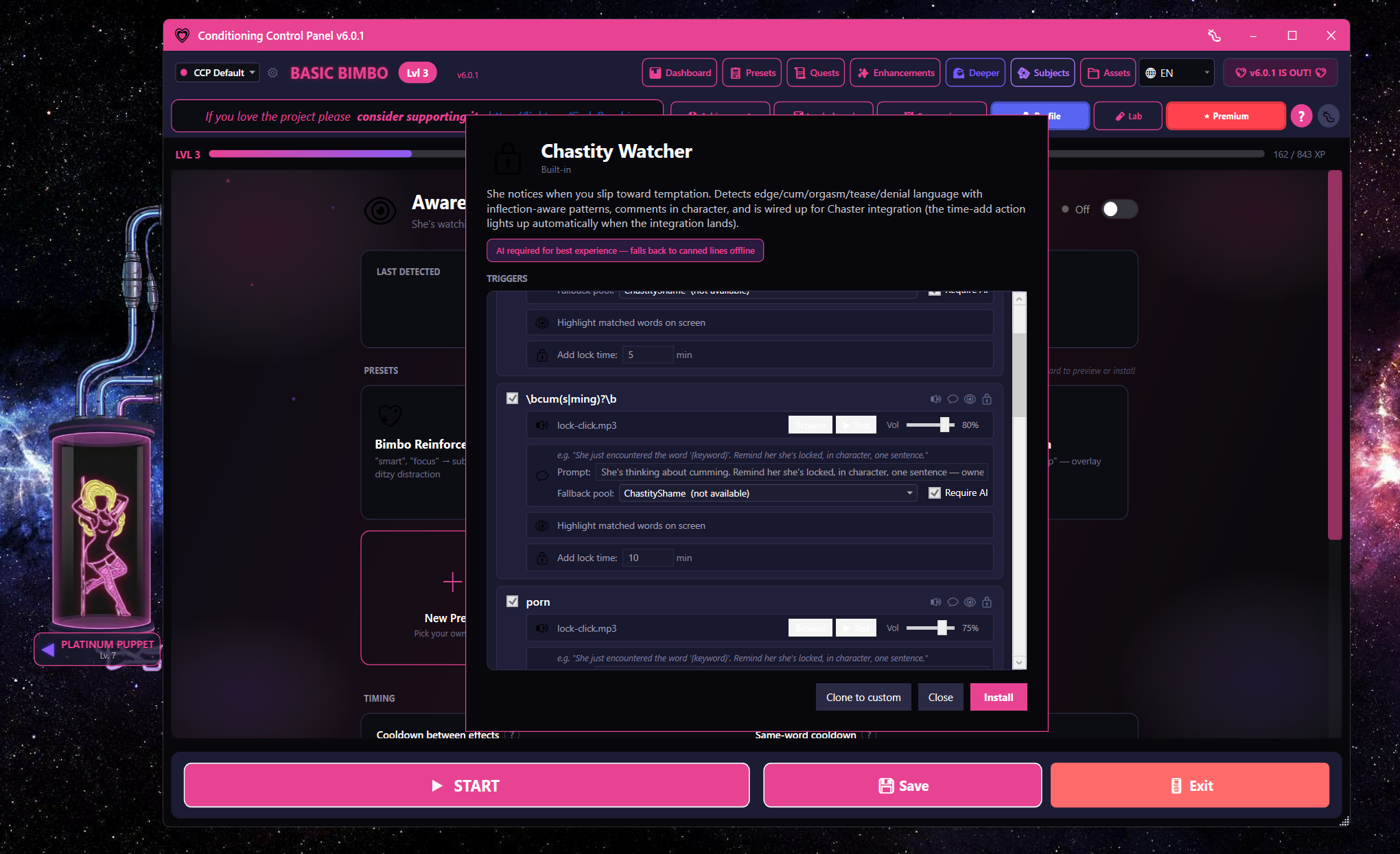 Awareness Engine preset card expanded with trigger keywords and actions