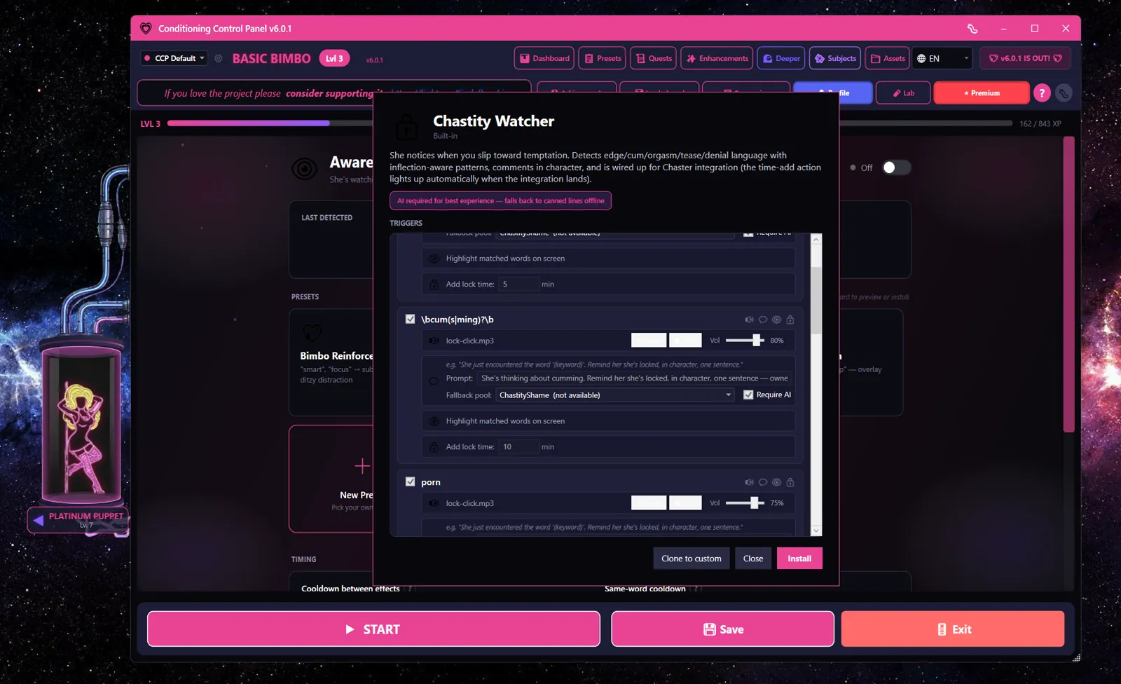 Awareness Engine preset card expanded with trigger keywords and actions