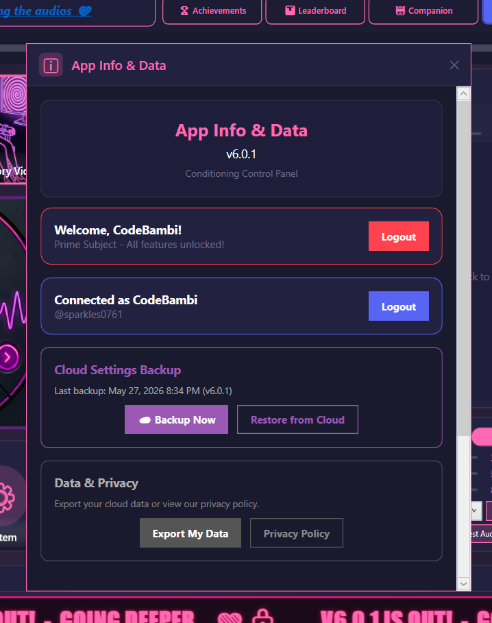 App Info and Data modal showing logged-in account, Cloud Settings Backup, Restore from Cloud, Export My Data