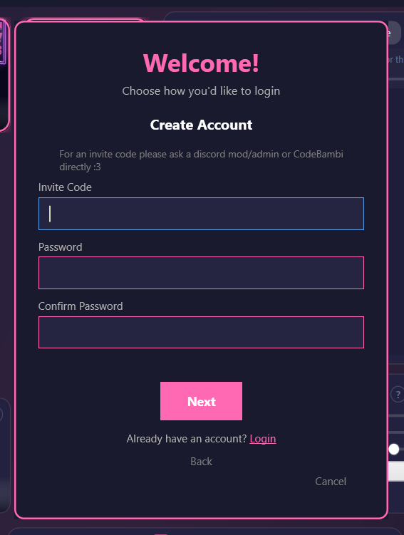Create Account dialog in CCP requiring an invite code, password, and password confirmation