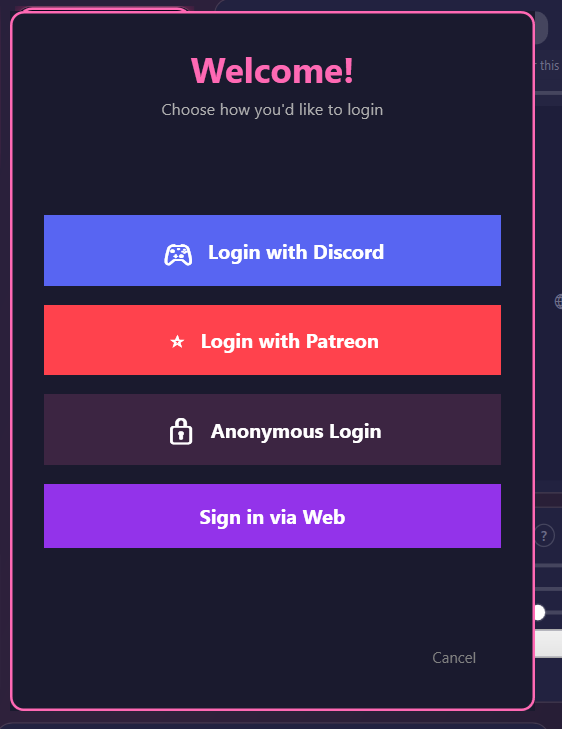 Welcome modal in CCP offering four login options: Discord, Patreon, Anonymous, and Sign in via Web