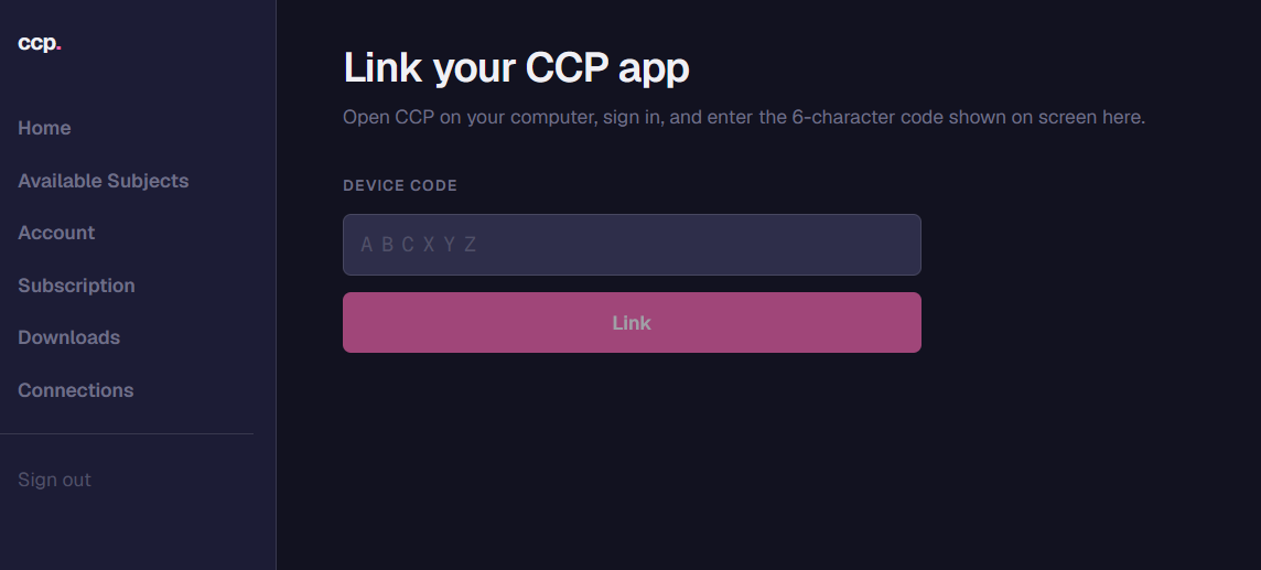 The /dashboard/link-device page on app.cclabs.app prompting for the 6-character device code