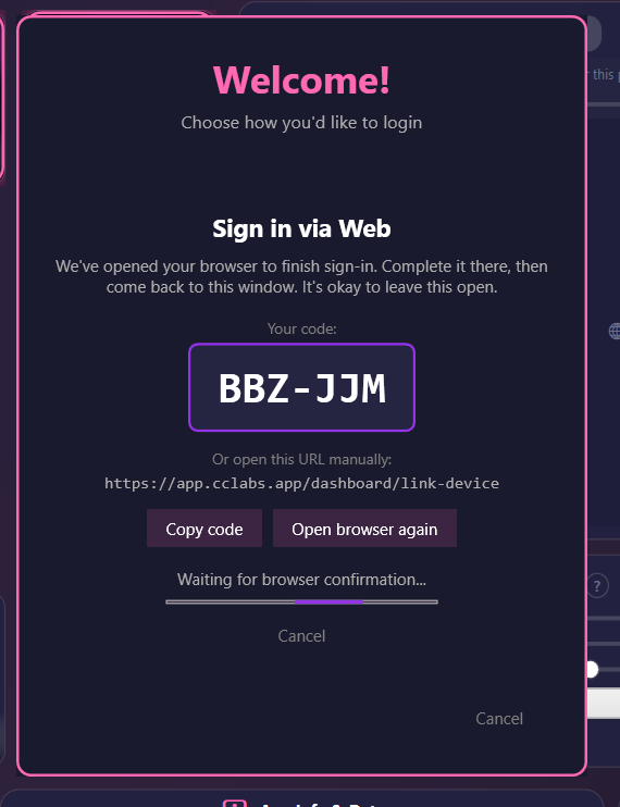 Sign in via Web flow in the desktop app showing a 6-character device code BBZ-JJM and a 'Waiting for browser confirmation' progress bar