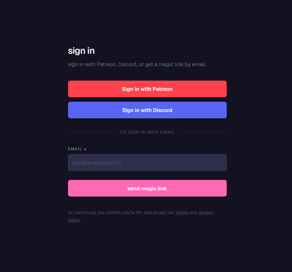 The sign-in page on app.cclabs.app with Patreon, Discord, and email magic link options