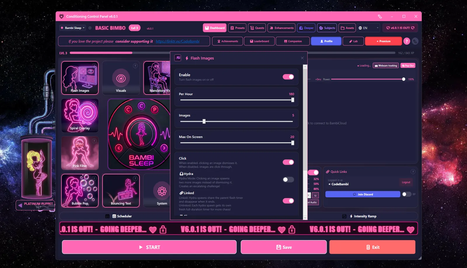 Flash Images settings modal with per-minute rate, image count, max on screen, click and hydra toggles
