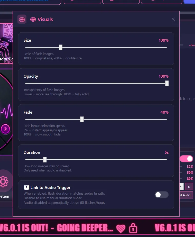 Visuals settings modal showing Size, Opacity, Fade, Duration, Link to Audio Trigger