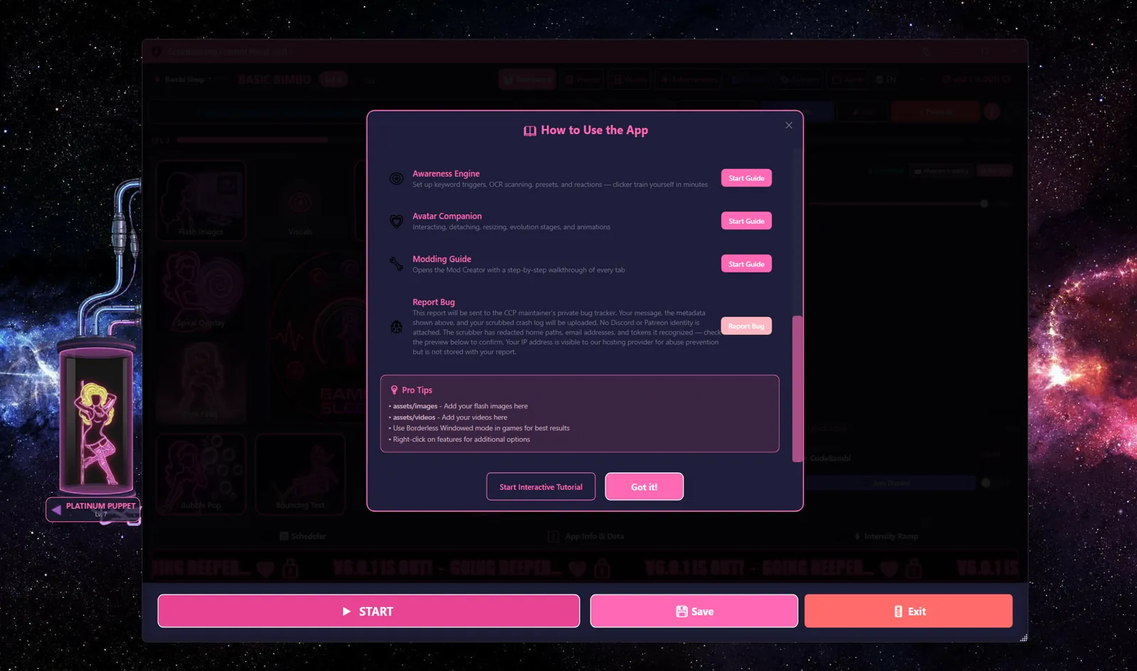 How to Use the App dialog with Awareness Engine, Avatar Companion, Modding Guide and Report Bug rows