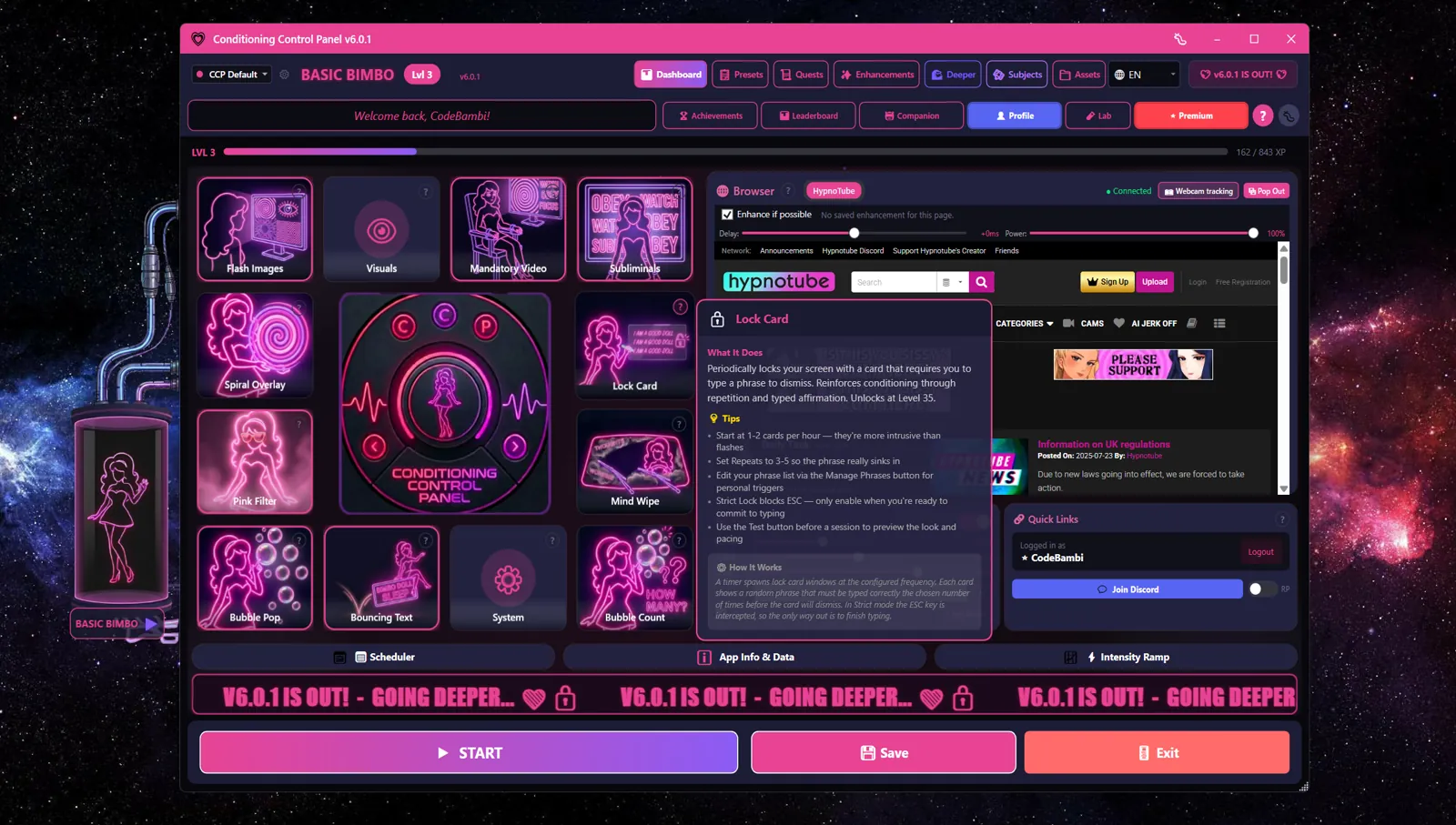 Conditioning Control Panel main Dashboard with feature cards, browser pane, and the START button