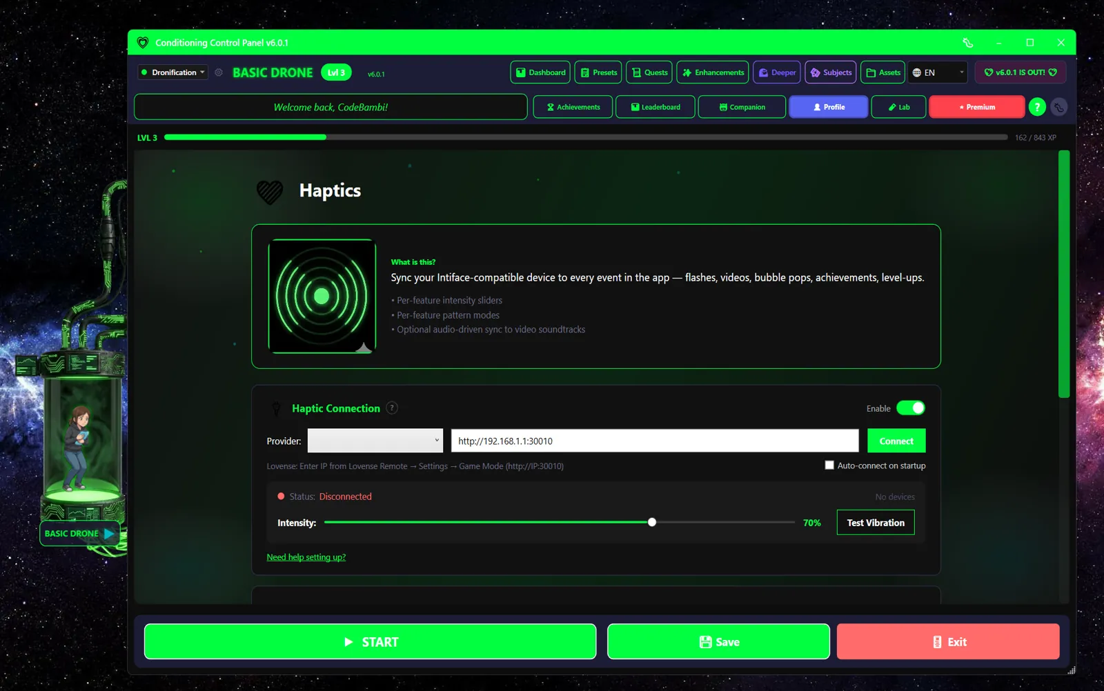 Haptics tab inside CCP showing provider settings, connection status, intensity slider, and a test button