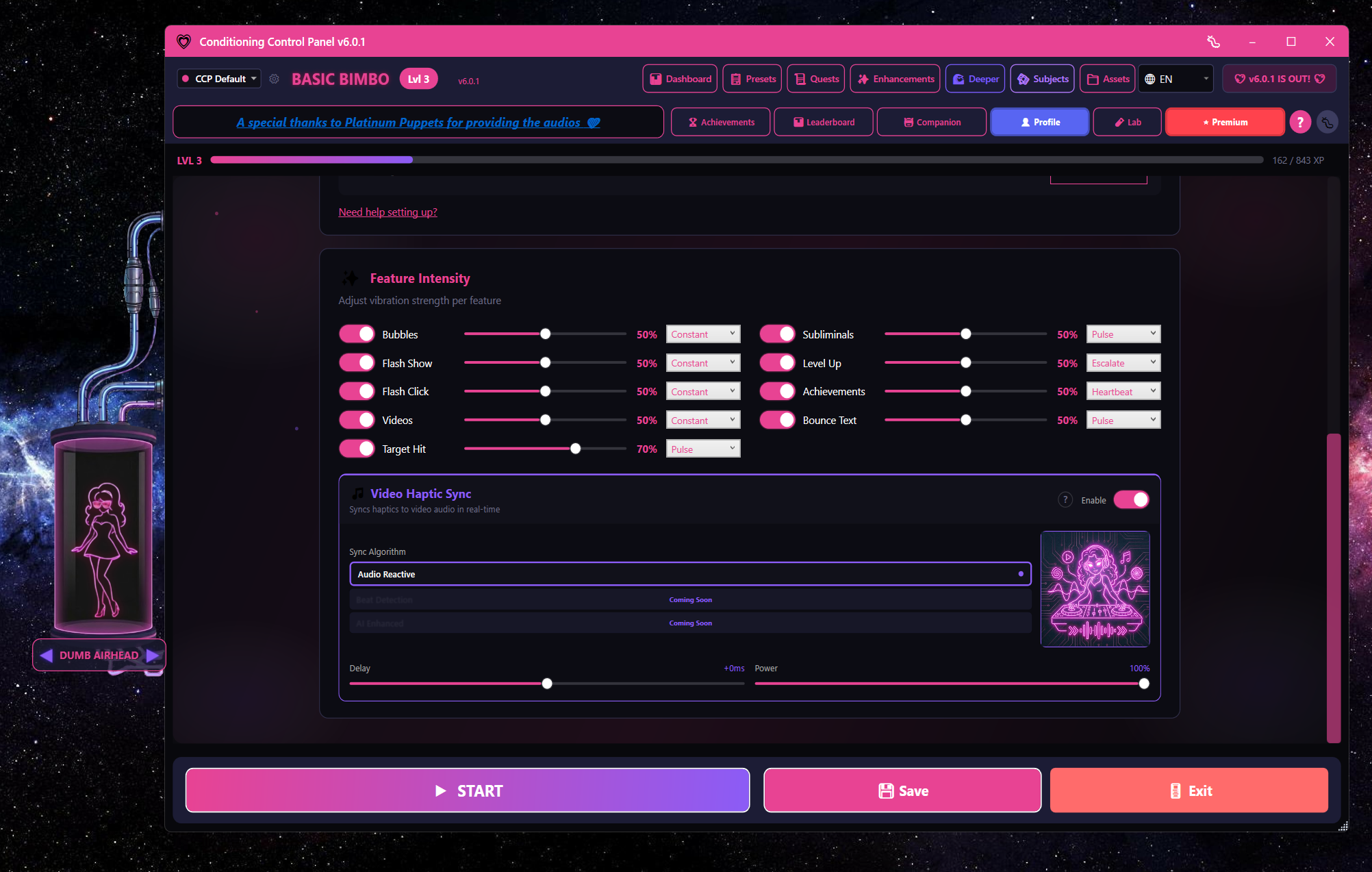 Feature Intensity sliders for Bubbles, Flashes, Videos, Subliminals, Achievements, plus Video Haptic Sync settings