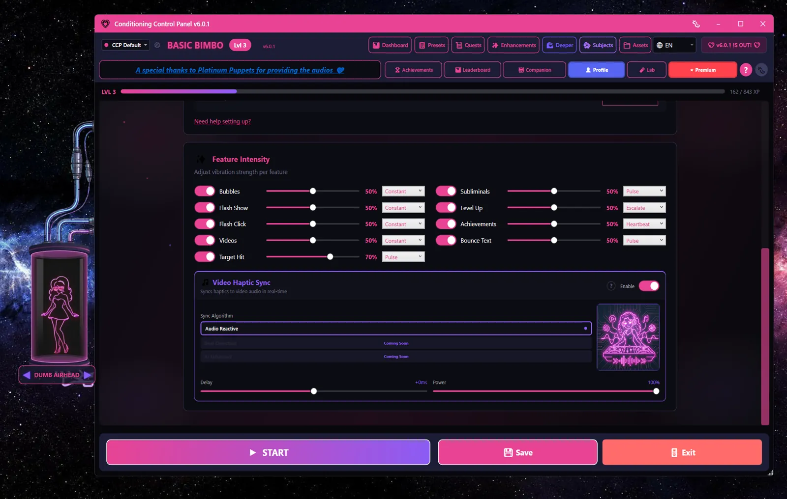 Per-event haptic strength controls for bubbles, flashes, videos, subliminals and achievements, plus video audio-sync settings