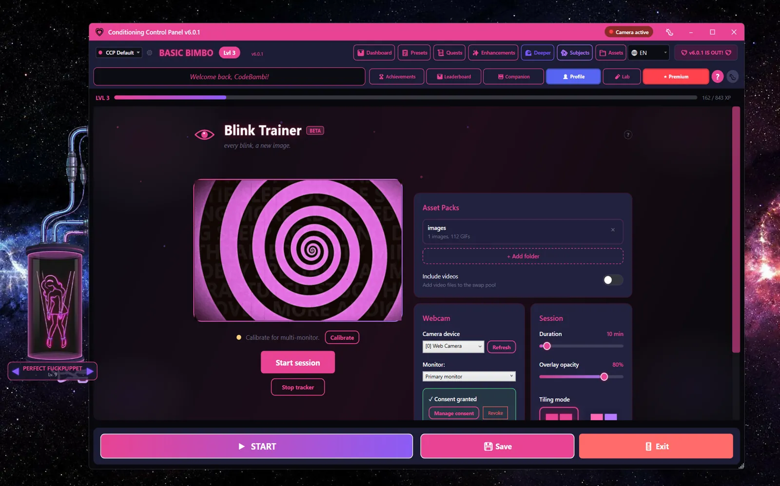 Blink Trainer page with spiral preview and session settings