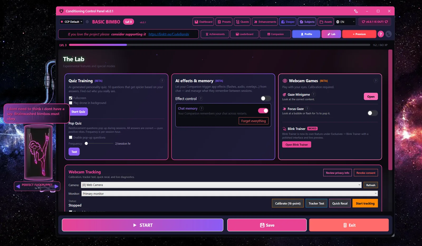 The Lab tab showing Quiz Training, AI Effects and Memory, Webcam Games, and Webcam Tracking sections