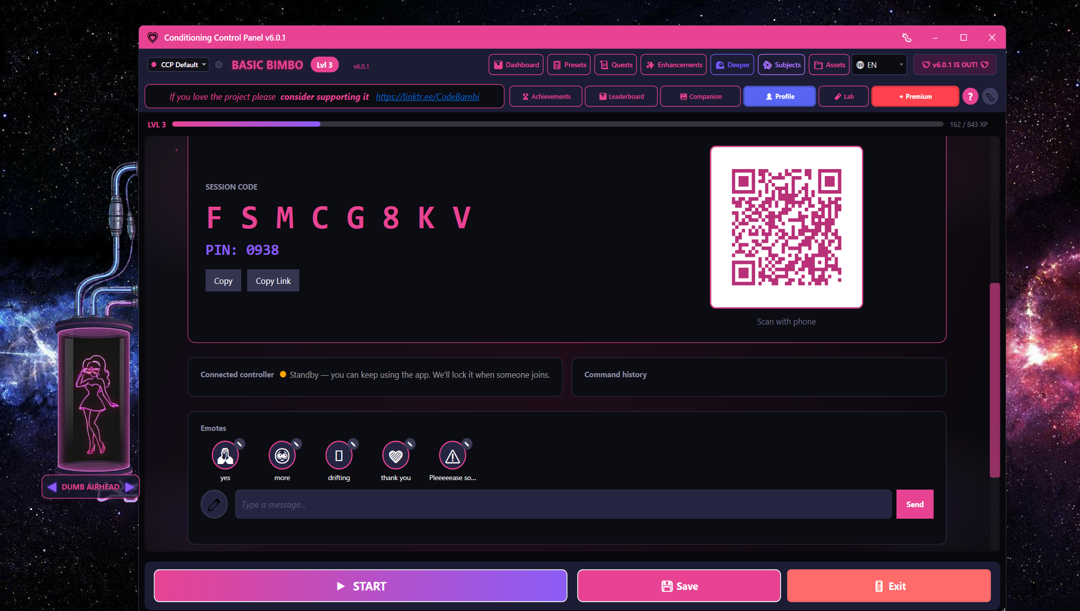 Remote Control active showing session code FSMCG8KV, PIN 0938, QR code, and emotes