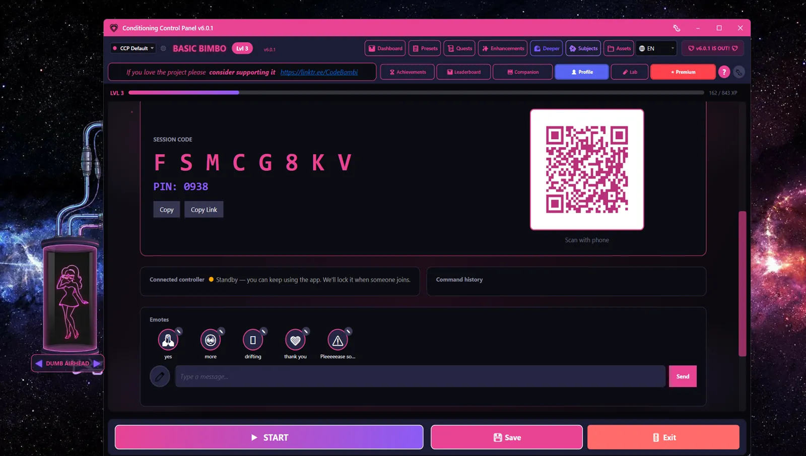 Remote Control active showing session code FSMCG8KV, PIN 0938, QR code, and emotes