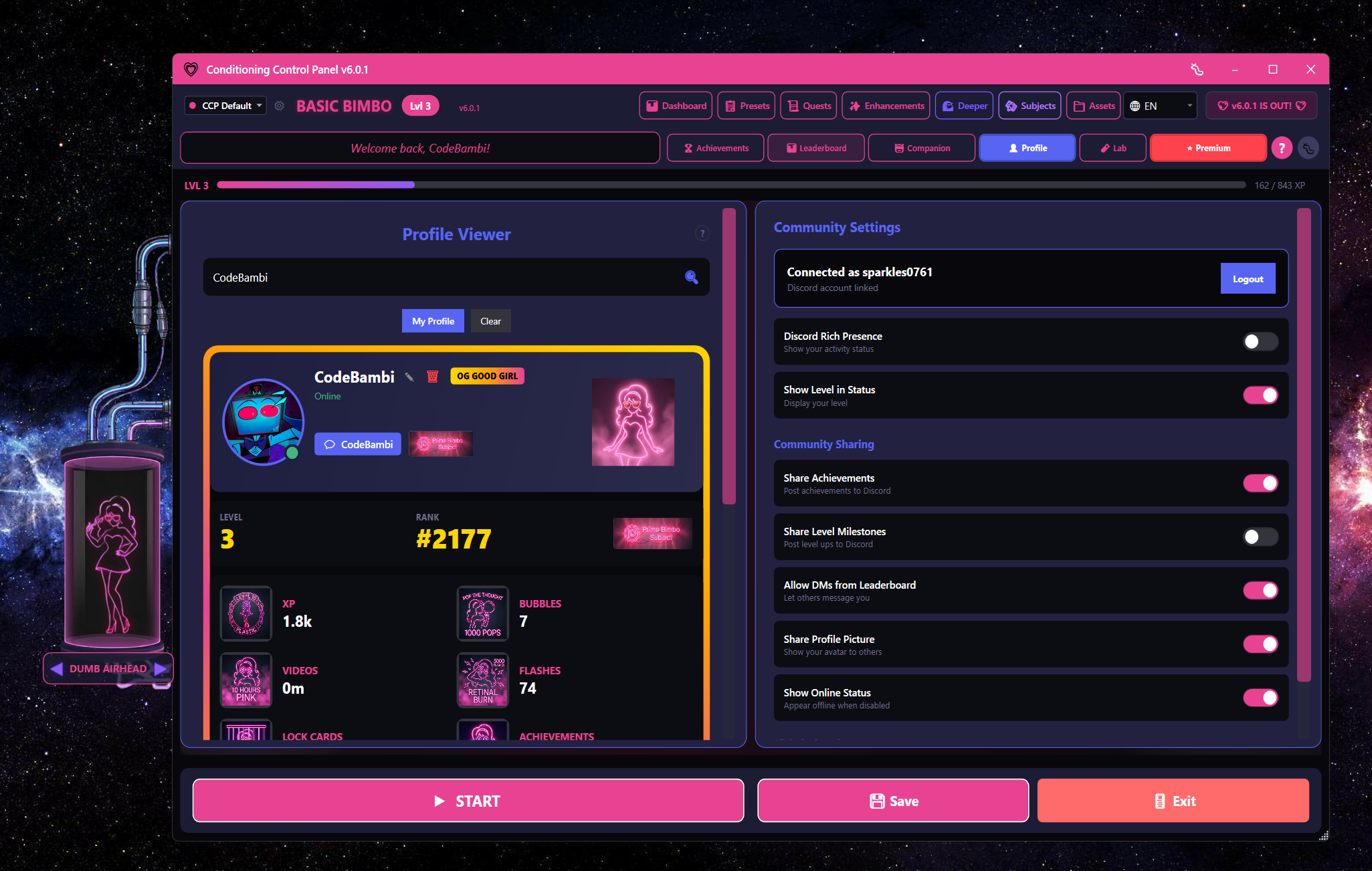 Profile Viewer for CodeBambi showing rank, stats, and community settings panel