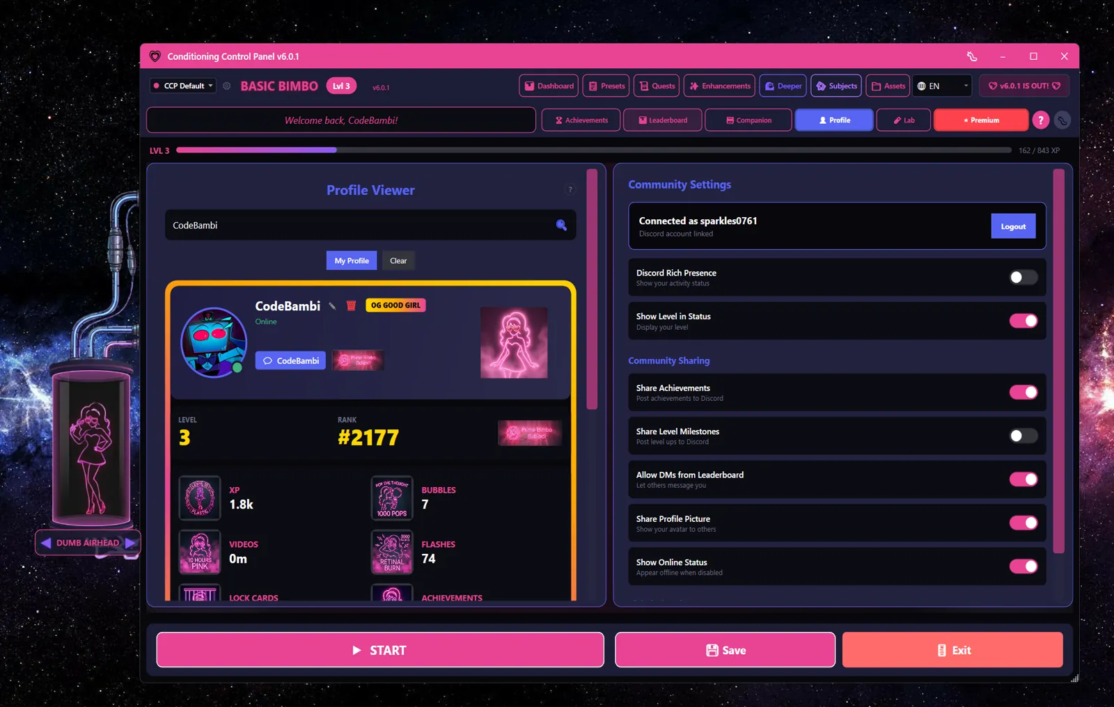 Profile Viewer for CodeBambi showing rank, stats, and community settings panel