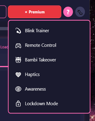 Premium Exclusives menu in CCP showing Blink Trainer, Remote Control, Takeover, Haptics, Awareness, and Lockdown Mode