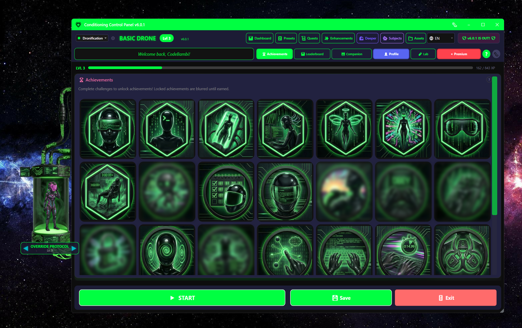 Drone Mode variant of the Achievements tab with hex-shaped green icons