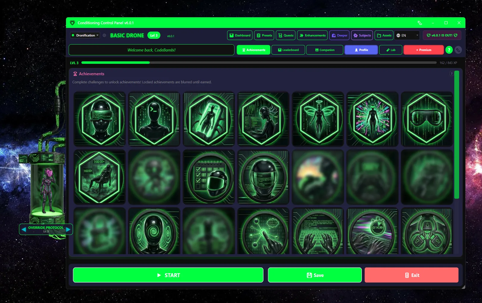 Drone Mode variant of the Achievements tab with hex-shaped green icons