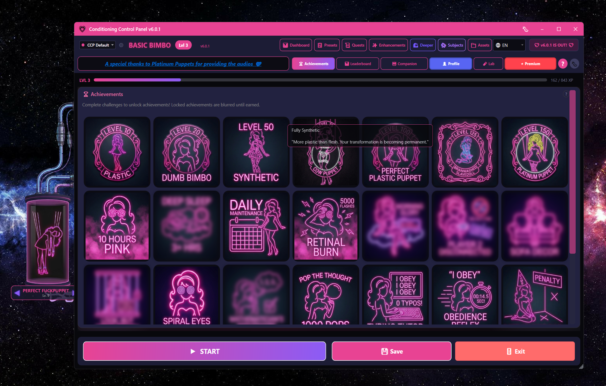 Achievements tab grid with neon-styled unlocked and locked tiles
