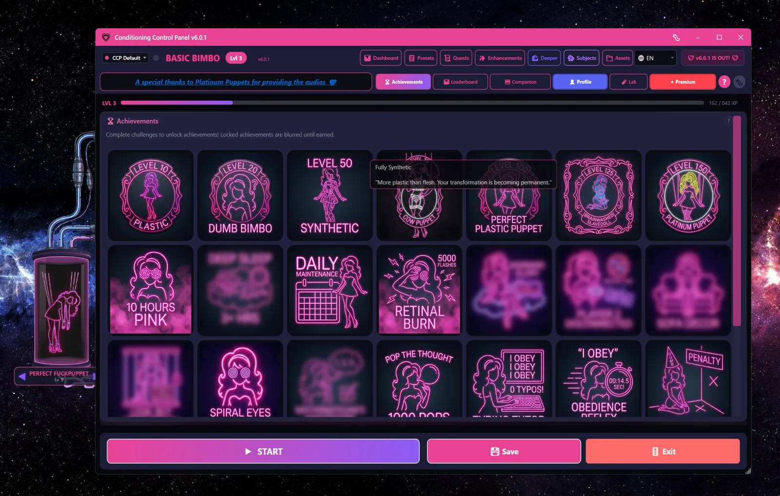 Achievements tab grid with neon-styled unlocked and locked tiles