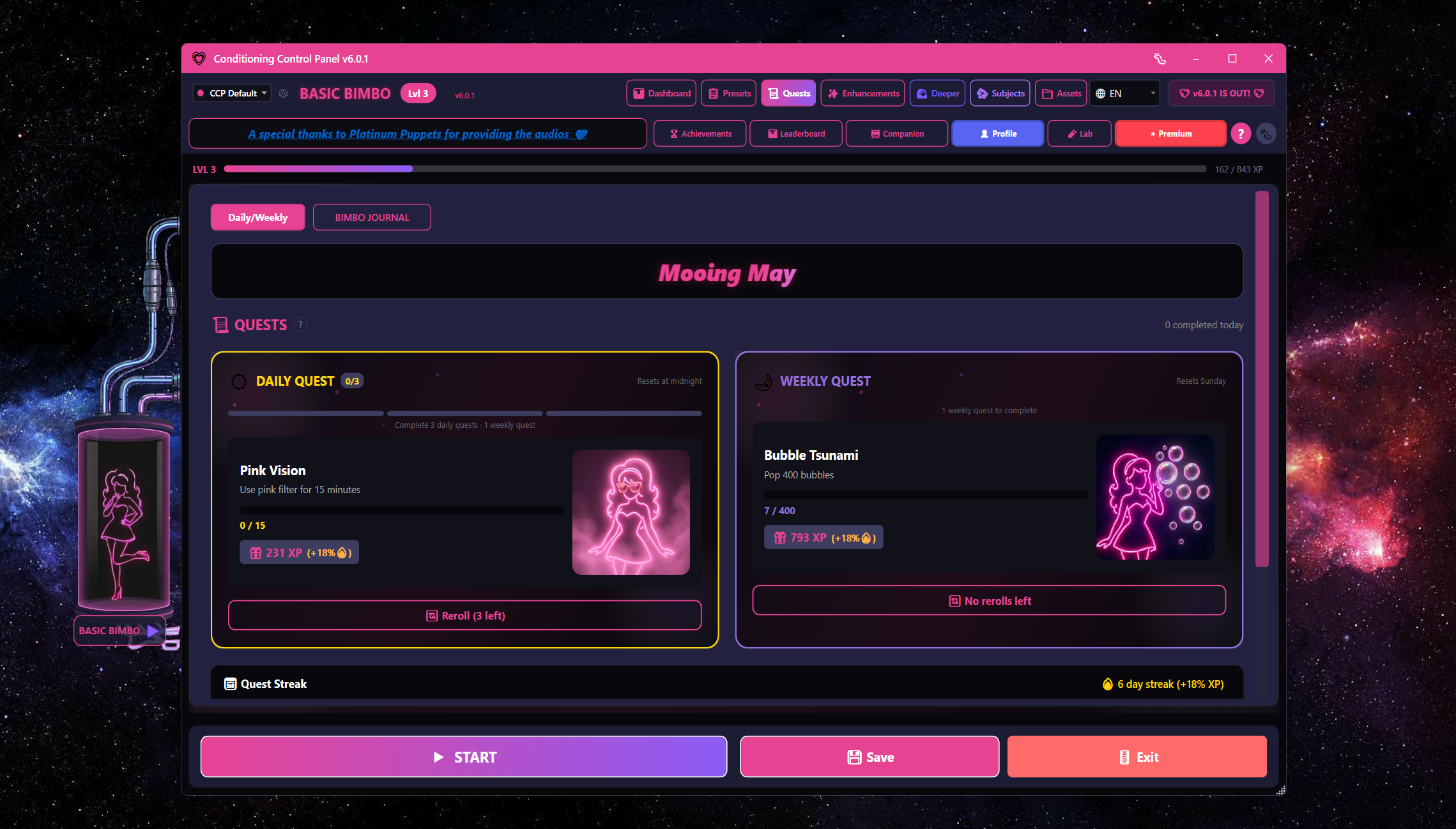 Quests tab showing a daily quest (Pink Vision) and a weekly quest (Bubble Tsunami)