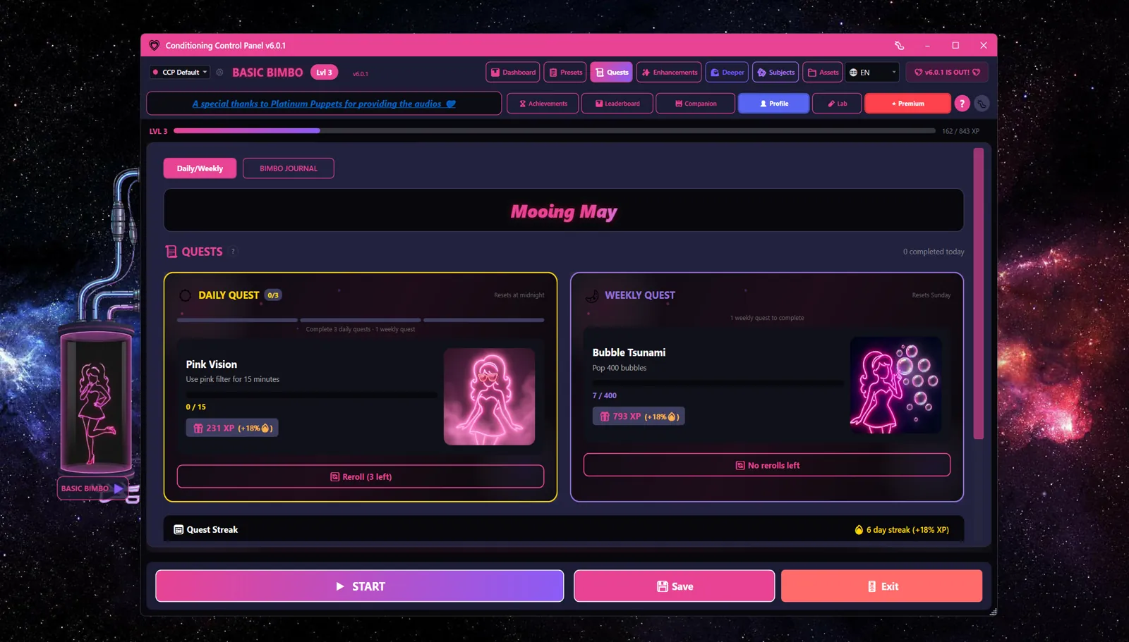 Quests tab showing a daily quest and a weekly quest side by side
