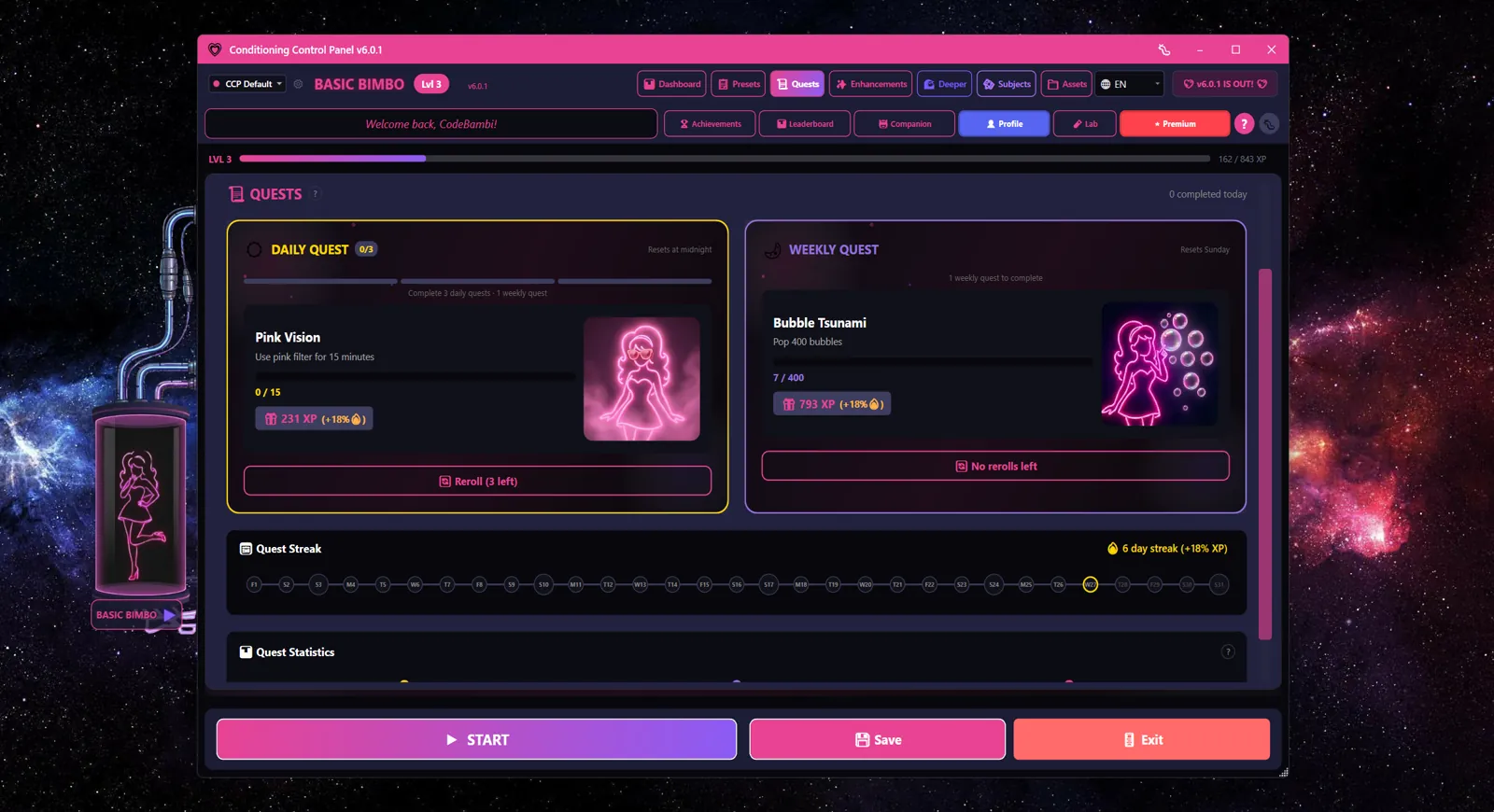 Quest Streak strip showing a 7-day streak and the resulting XP bonus