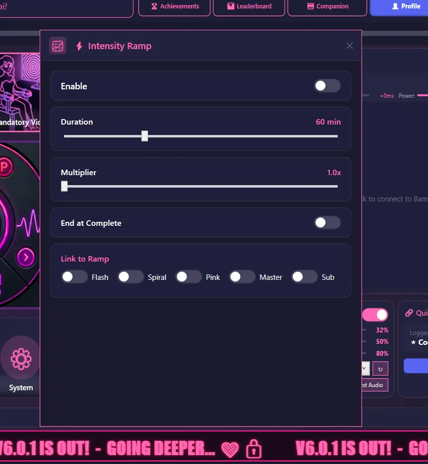 Intensity Ramp settings modal with Duration, Multiplier, End at Complete, and Link to Ramp checkboxes