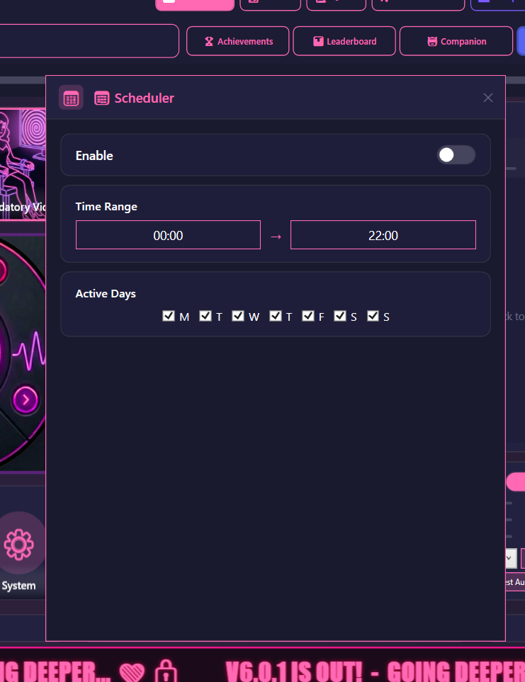 Scheduler settings modal showing Time Range and Active Days checkboxes