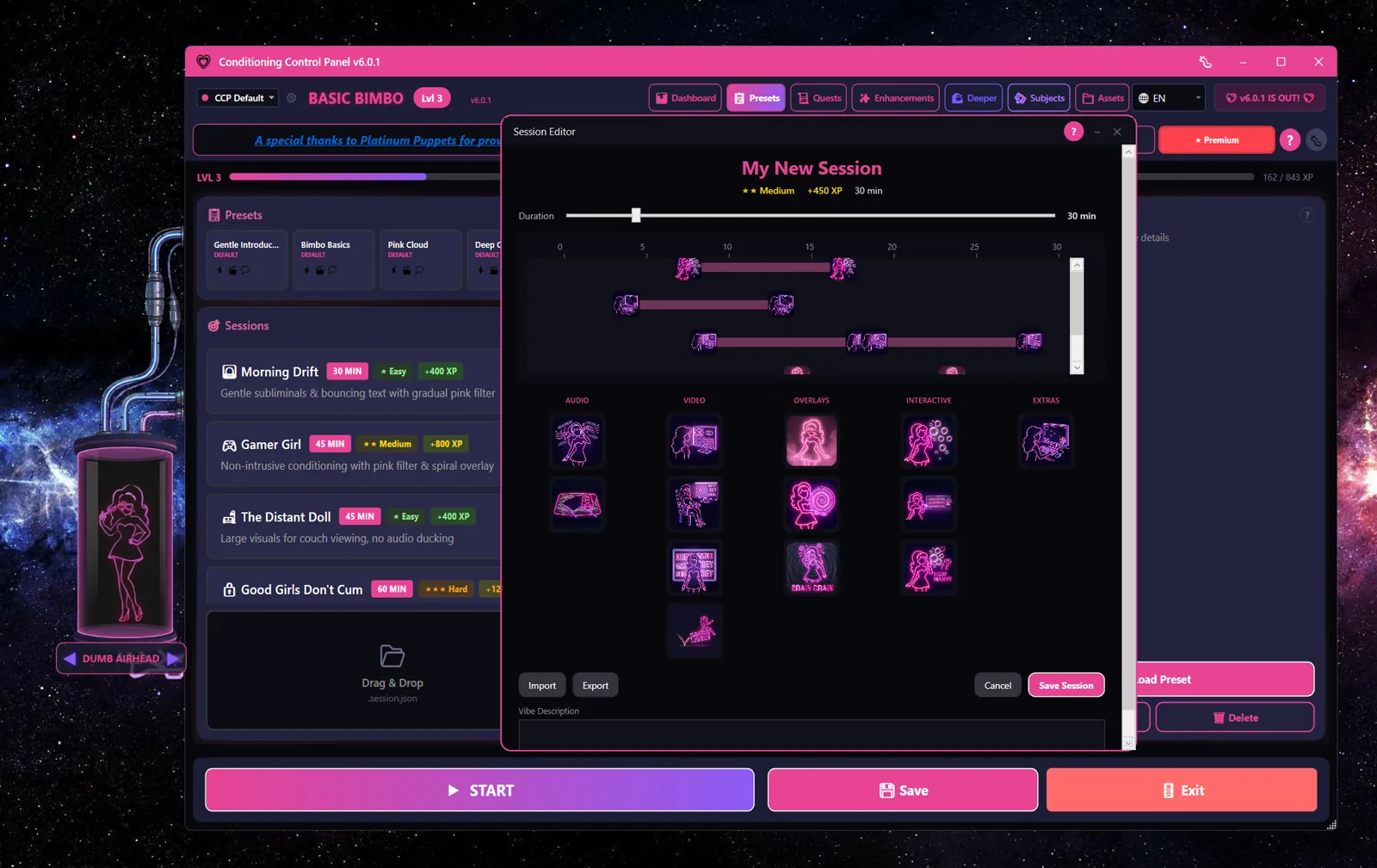 Session Editor with a duration slider, a feature timeline, and a library of draggable features