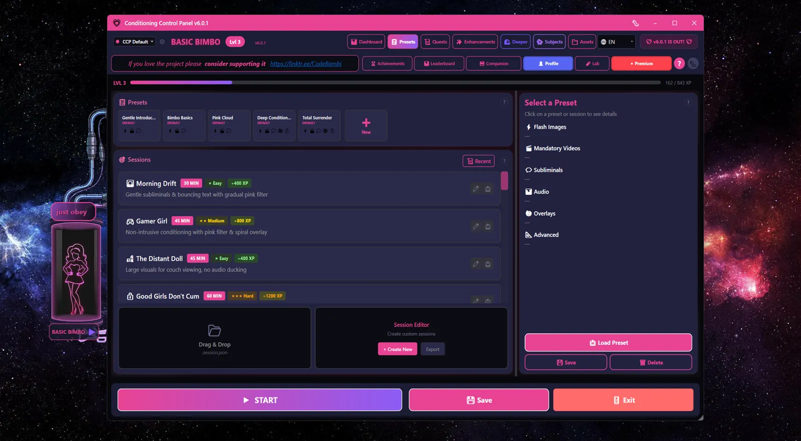 Presets tab listing the Morning Drift, Gamer Girl, The Distant Doll, and Good Girls Don't Cum sessions