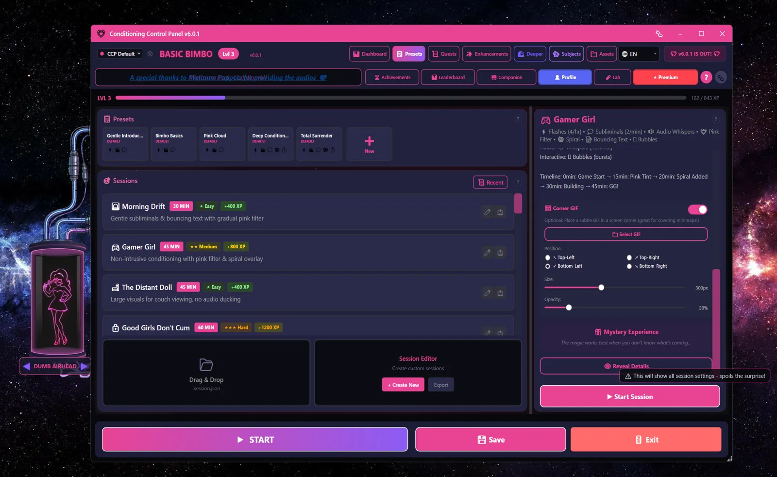 Gamer Girl session details showing its features, timeline, and options