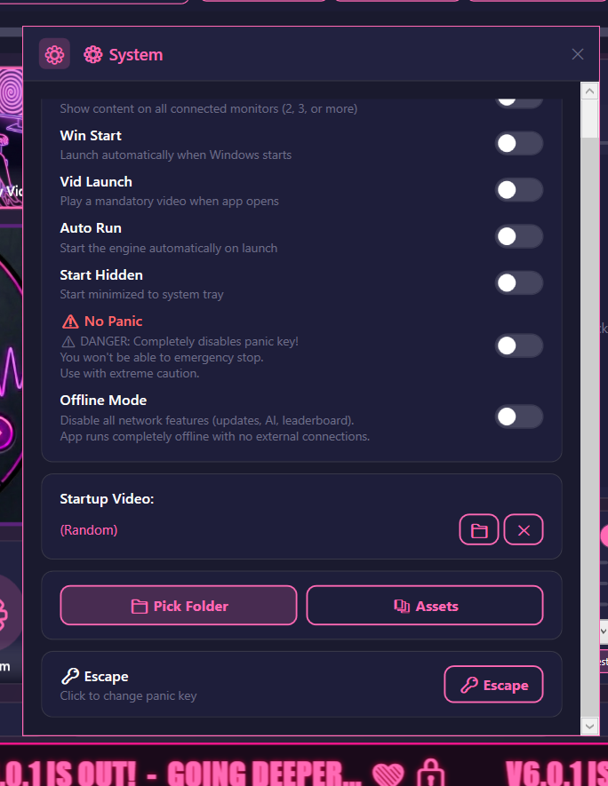 System settings modal scrolled to show the Escape rebind button at the bottom