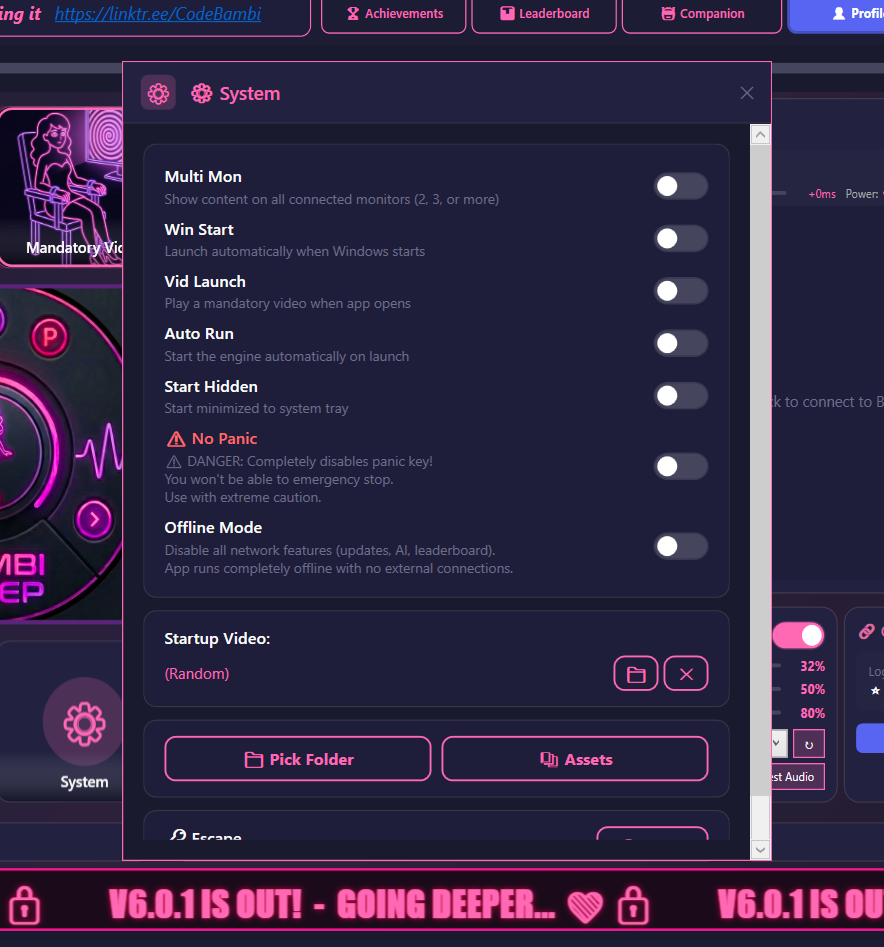 System settings modal with Multi Mon, Win Start, Vid Launch, Auto Run, Start Hidden, No Panic, Offline Mode toggles