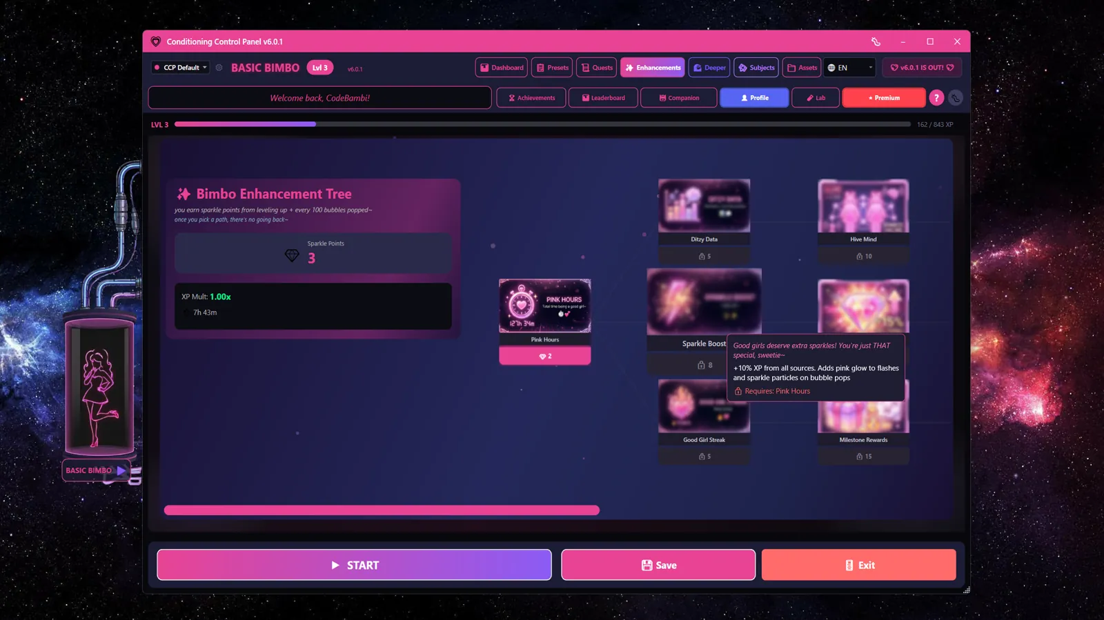 Bimbo Enhancement Tree showing unlocked and locked nodes
