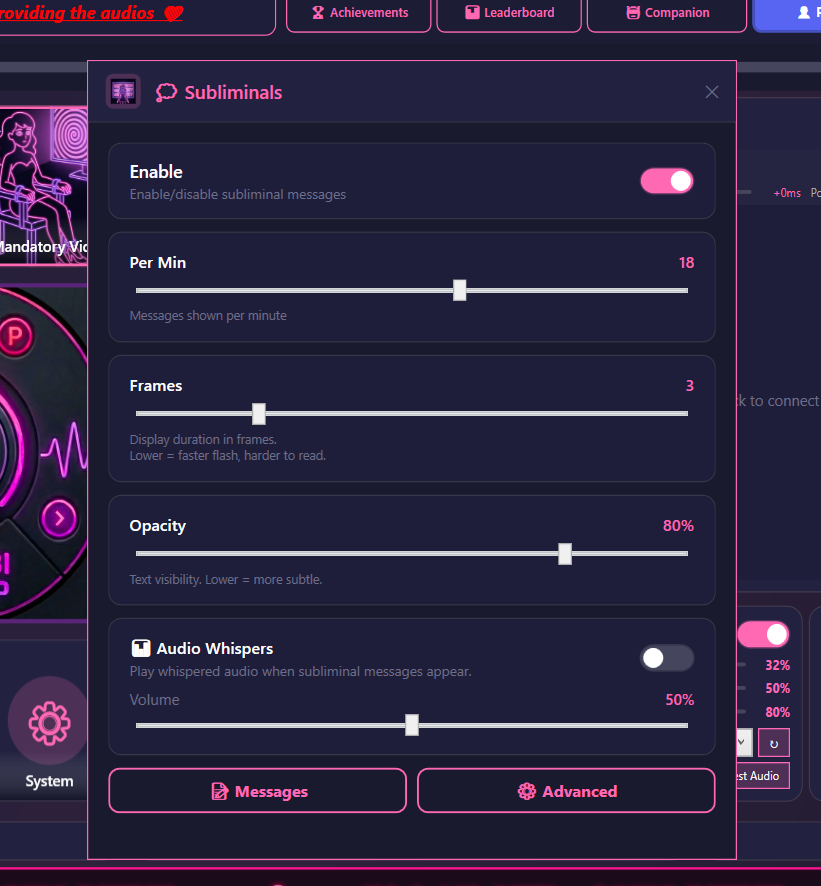 Subliminals settings modal with Enable, Per Min, Frames, Opacity, Audio Whispers