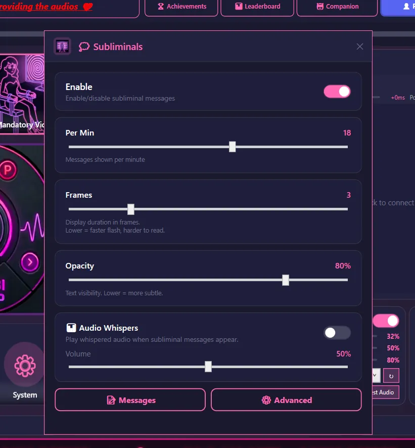 Subliminals settings modal with per-minute rate, frames, opacity and audio whispers toggle