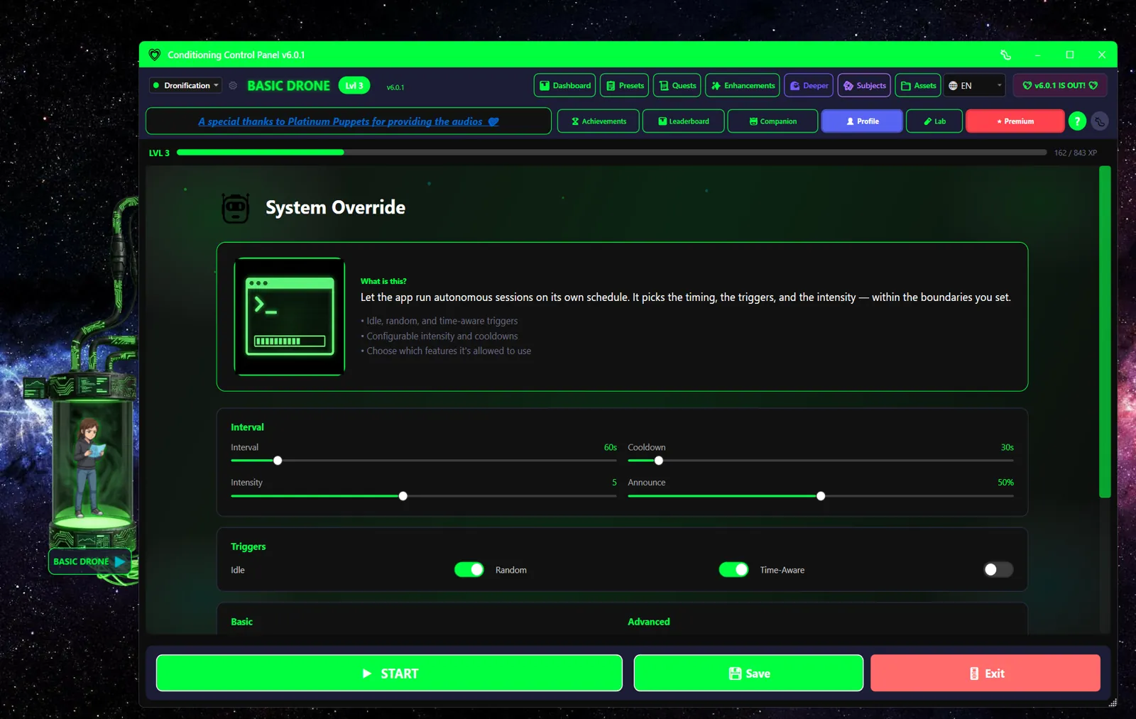 System Override / Autonomy settings panel with Interval, Cooldown, Intensity, Announced sliders and Random / Time-Aware toggles